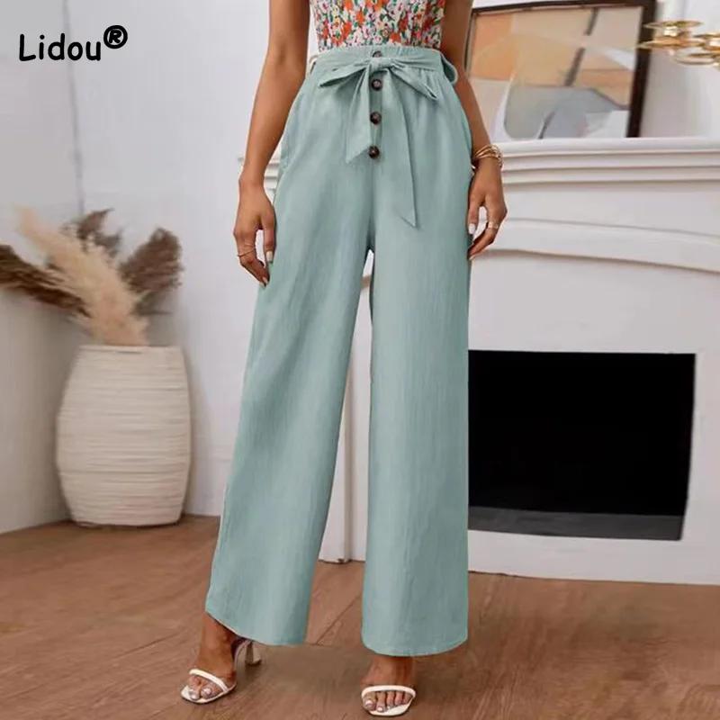 2022 Fashion Summer Thin Women Pants Sashes Solid Color Button Elastic Waist High Waist Casual Bandage Loose Wide Le